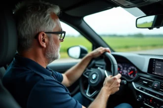Homme d'âge moyen dans une voiture sur l'autoroute française