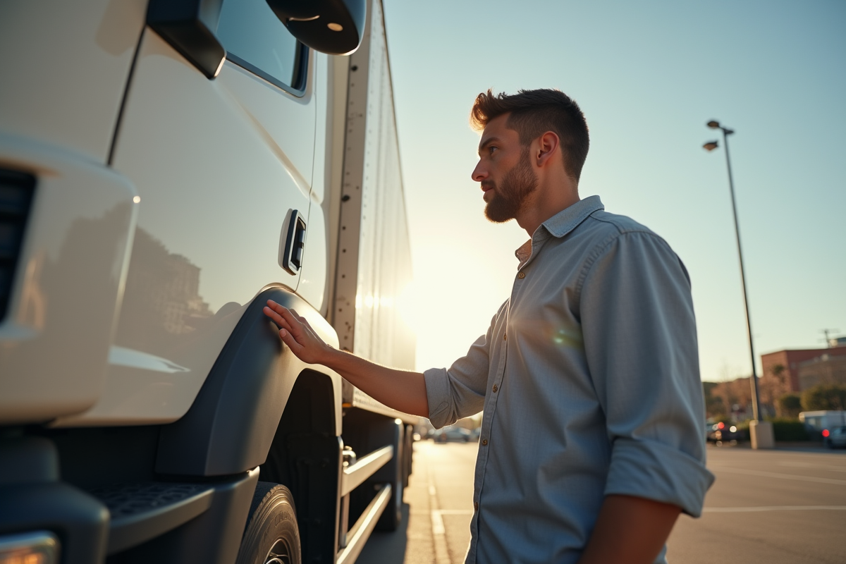 Jeune homme examine un camion blanc d'occasion à un concessionnaire