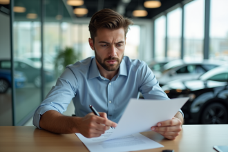 Jeune homme en business casual examinant un contrat de location voiture
