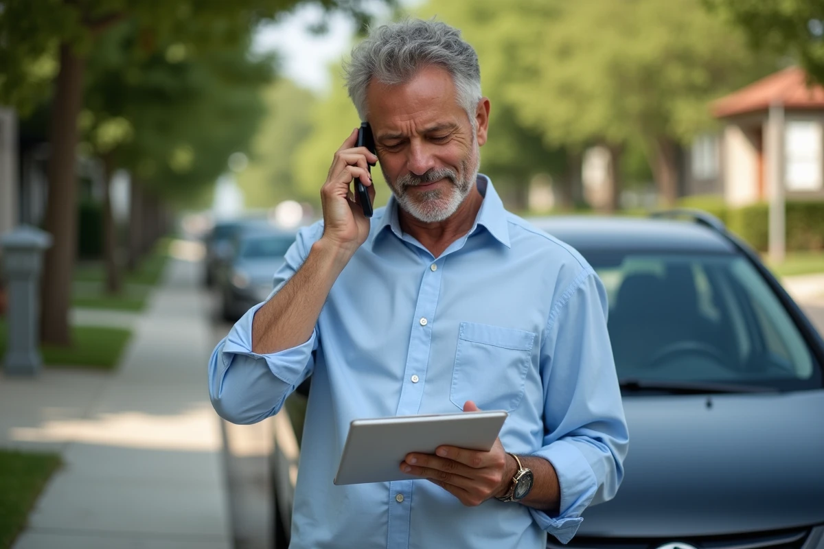 Homme au téléphone près de sa voiture dans la rue