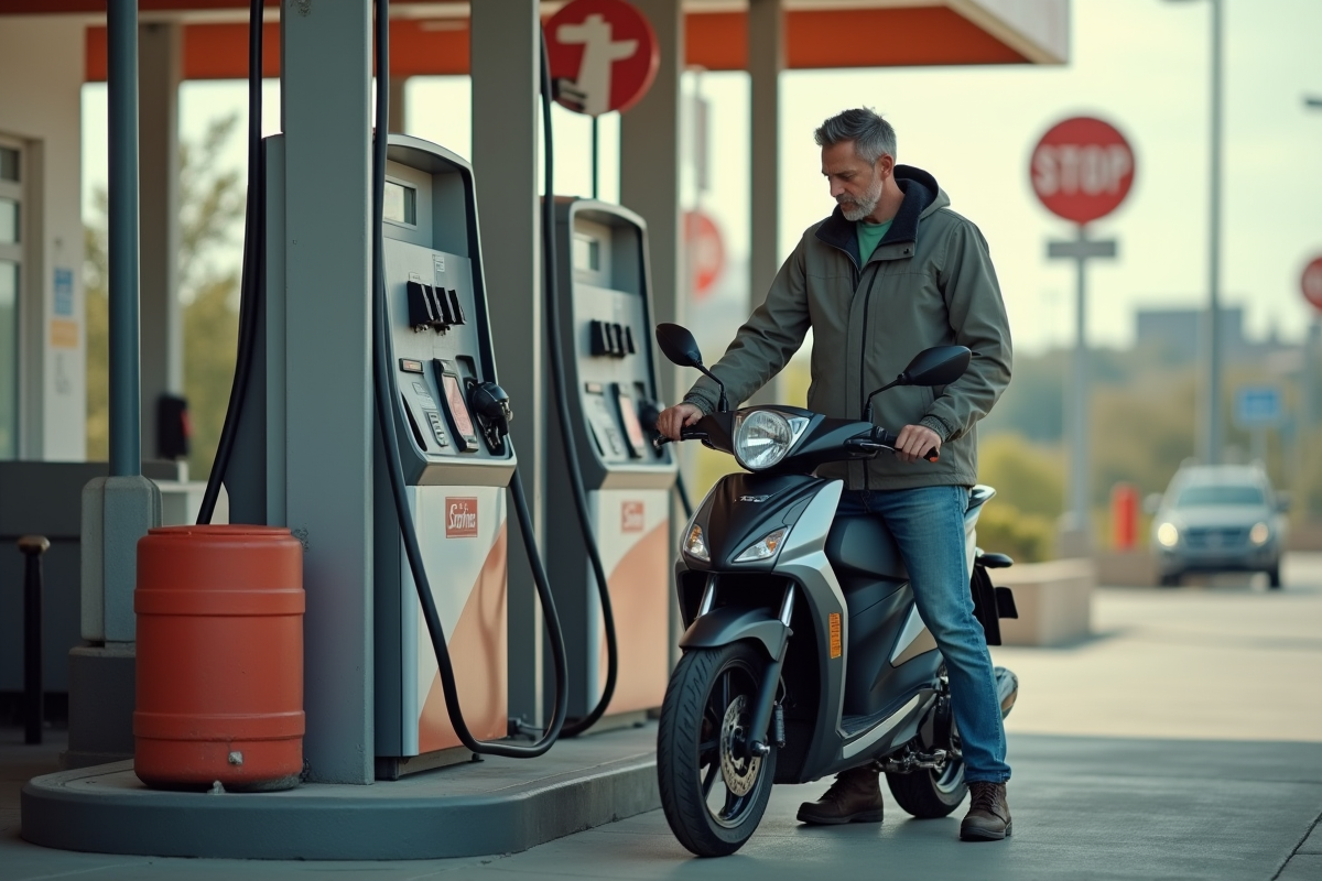 Homme moyen âge faisant le plein d’une moto moderne à la station essence