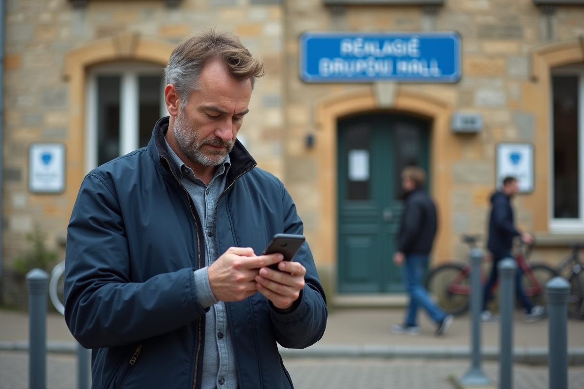 Homme vérifiant son permis devant la mairie en France