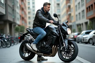 Homme en veste casual montant une Kawasaki GTR en ville