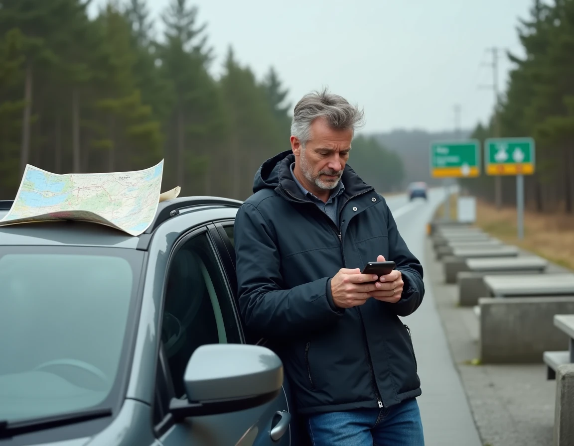 Homme consultant un plan d'autoroute et une application GPS à une aire de repos française