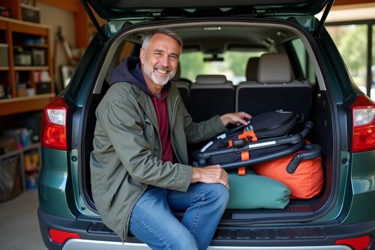 Homme arrangeant du matériel de sport dans le coffre