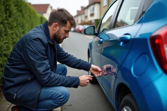 Homme en veste marine répare une voiture en ville