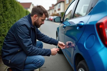 Homme en veste marine répare une voiture en ville