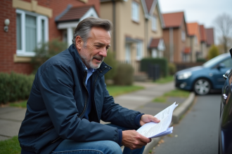 Homme dans la rue vérifiant ses papiers près de sa voiture