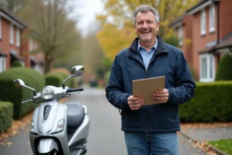 Homme d'âge moyen souriant inspectant un scooter élégant