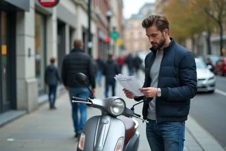 Homme en veste bleue vérifiant un scooter en ville