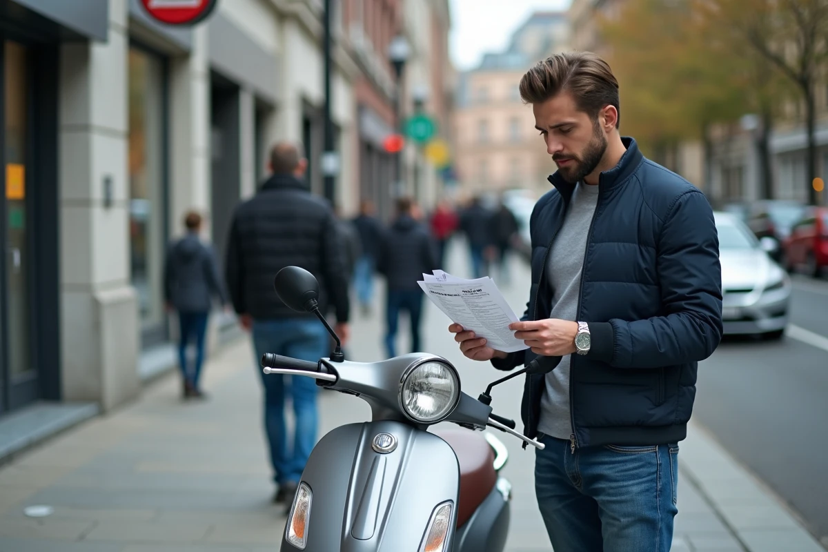 Homme en veste bleue vérifiant un scooter en ville
