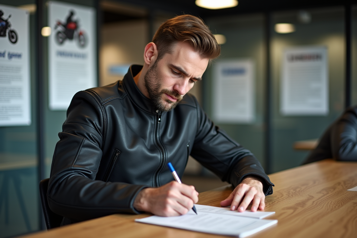 Homme en jeans signant des papiers dans un bureau de formation moto