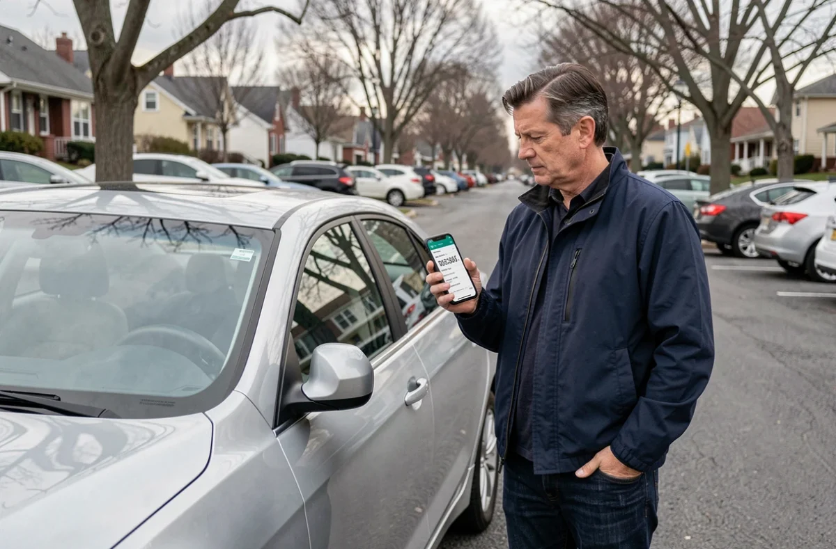 Homme tenant un smartphone avec un formulaire de devis assurance auto debout près de sa voiture dans un parking résidentiel
