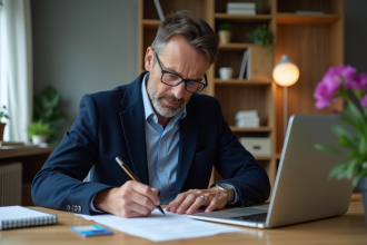 Homme d'âge moyen remplissant papiers pour carte grise