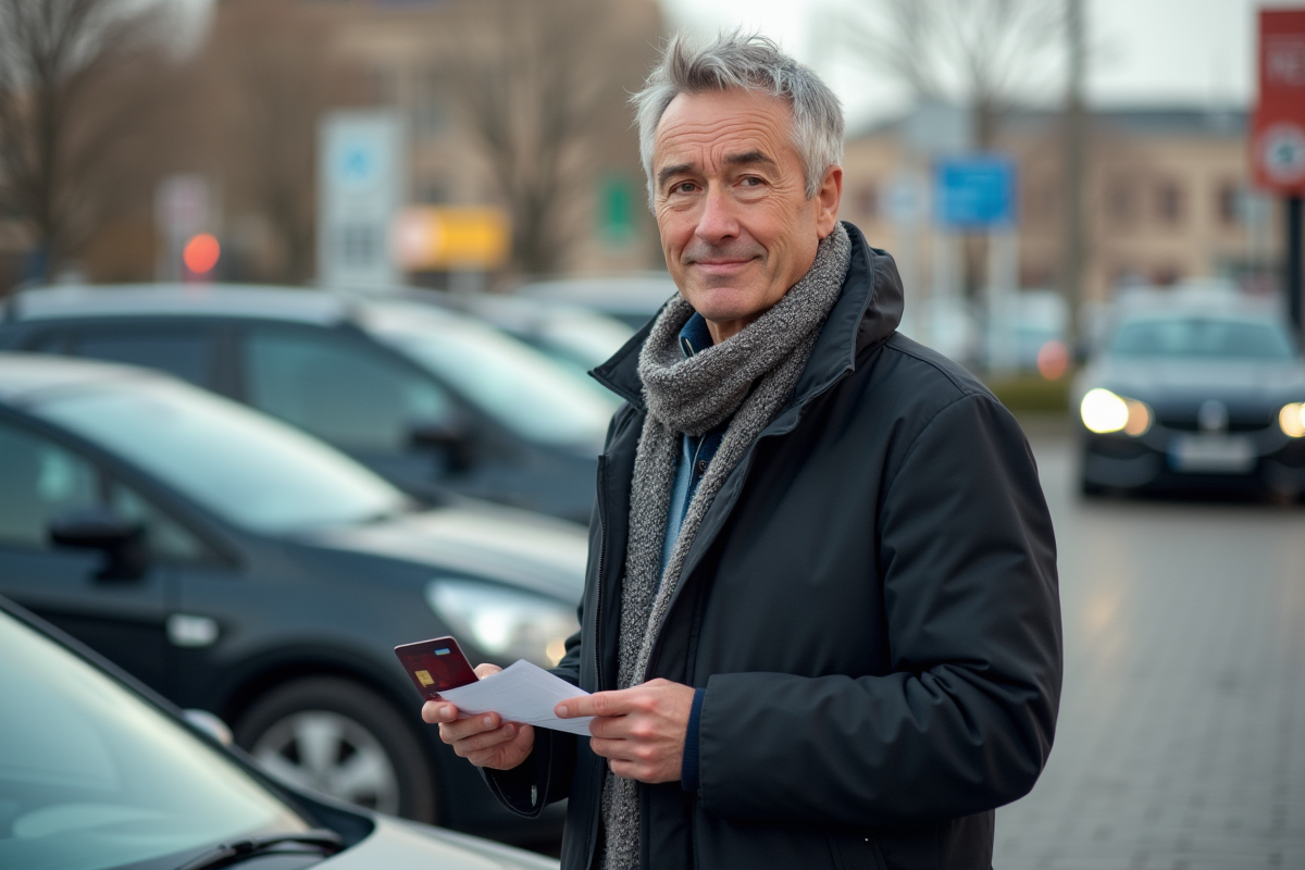 Homme mature devant une voiture au centre d