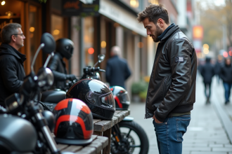 Jeune homme examine casques de moto en ville