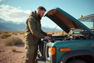 Homme vérifiant le moteur d'un 4x4 en terrain rocheux