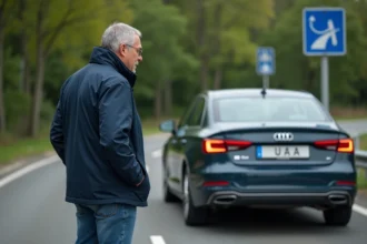 Homme vérifiant la plaque d'immatriculation d'une voiture moderne