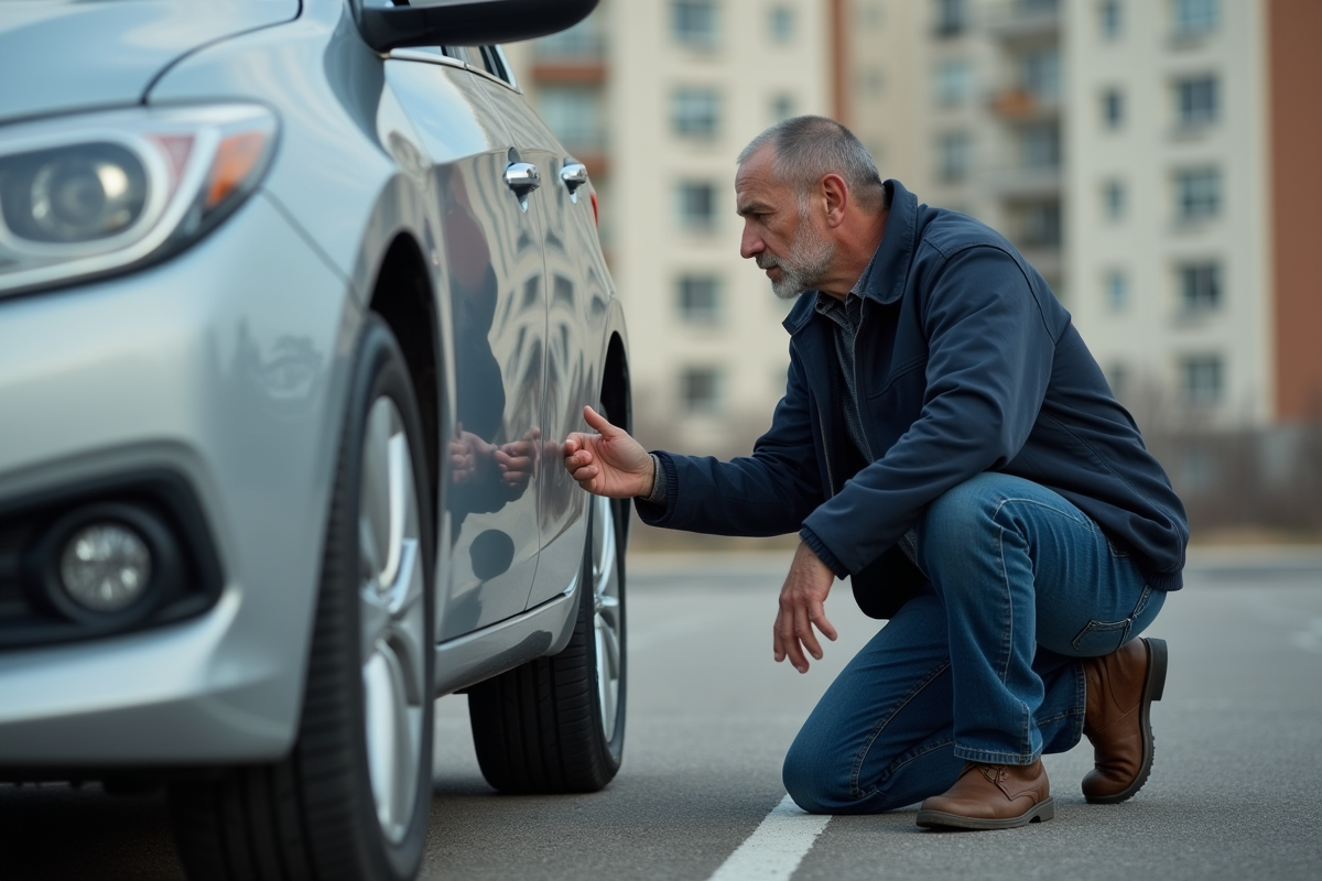 Homme examinant une rayure sur sa voiture en extérieur