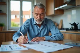 Homme d'âge moyen vérifiant documents voiture dans cuisine