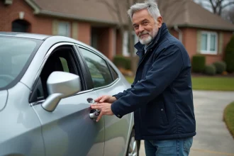 Homme examinant la poignée d'une voiture en extérieur