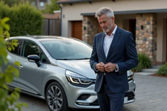 Homme en costume inspectant une Renault Clio dans une rue résidentielle