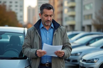 Homme d'âge moyen vérifiant un document d'assurance à côté de sa voiture