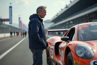 Homme regardant une voiture de course colorée en extérieur