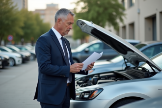 Homme d'affaires vérifiant un document près d'une voiture en parking