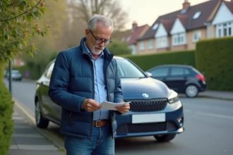 Homme lisant manuel voiture hybride en suburbia