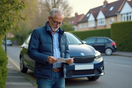 Homme lisant manuel voiture hybride en suburbia