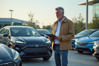 Homme d'affaires examine une voiture hybride en concession