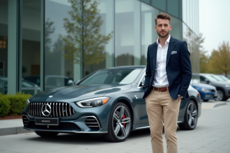 Homme élégant à côté d'une voiture moderne en concession