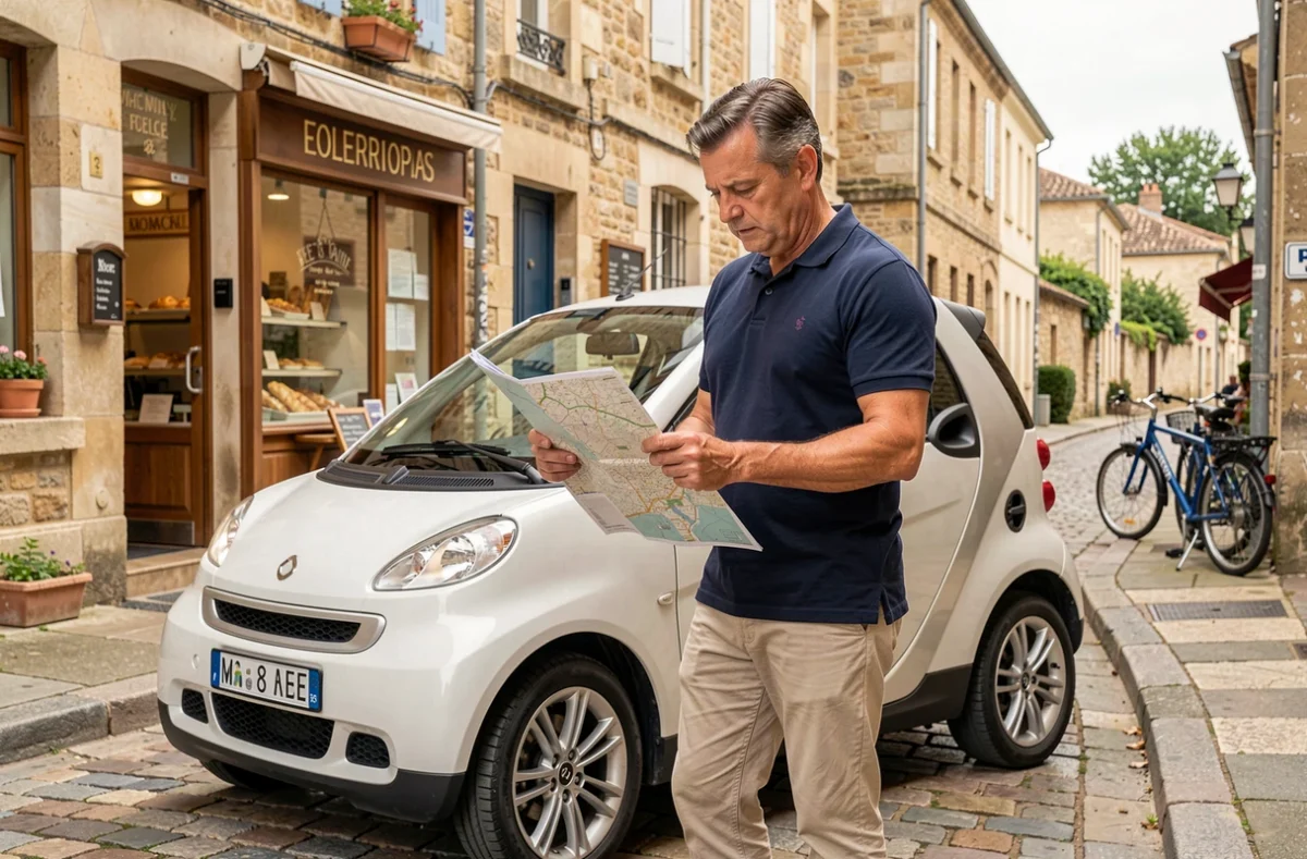 Homme d'âge moyen consultant une carte routière à côté d'une voiturette sans permis dans un village français