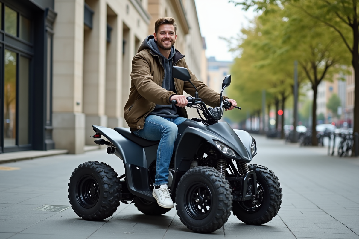 Homme souriant en ville avec quad 50cc moderne