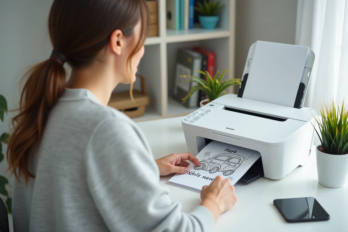 Femme imprimant un dessin de voiture personnalisé avec prénom et plaque d'immatriculation depuis son ordinateur portable à son bureau à domicile