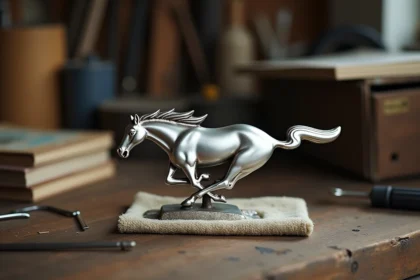 Insigne cheval chromé Ford Mustang vintage des années 1960 posé sur un établi de restauration automobile