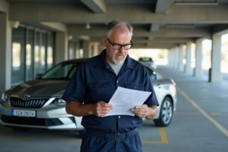 Inspecteur automobile vérifiant un document de carte grise avec la puissance en kW et CV indiquée, debout près d'une berline moderne dans un parking administratif