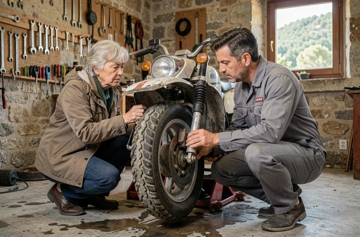 Mécanicien et acheteuse inspectant le dessous d'une voiture sans permis d'occasion dans un garage corse