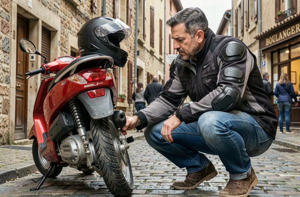 Motard inspectant le pneu de son scooter 125cc dans une rue pavée d'un village français lors d'un long trajet
