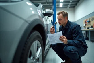 Inspecteur automobile examinant la plaque de châssis d'une voiture ukrainienne avec un document d'immatriculation à la main dans un garage de contrôle technique européen