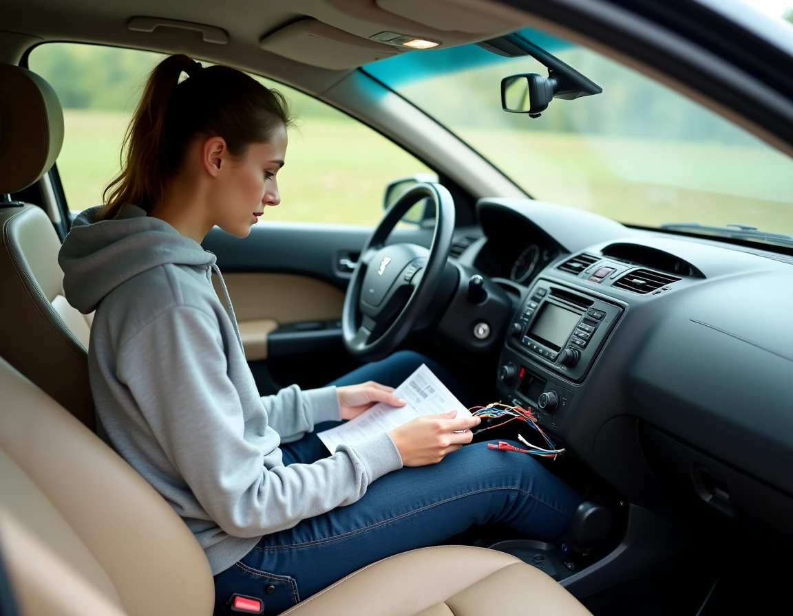 Femme installant un autoradio dans le tableau de bord d'une Peugeot 307 en consultant un schéma de câblage couleur