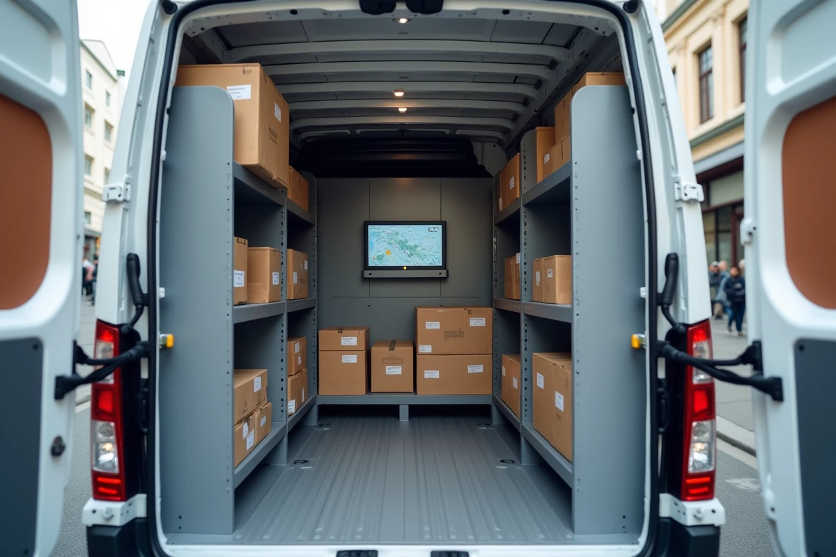 Vue intérieure du compartiment cargo d'un Renault Master avec étagères modulaires et colis organisés pour la livraison urbaine