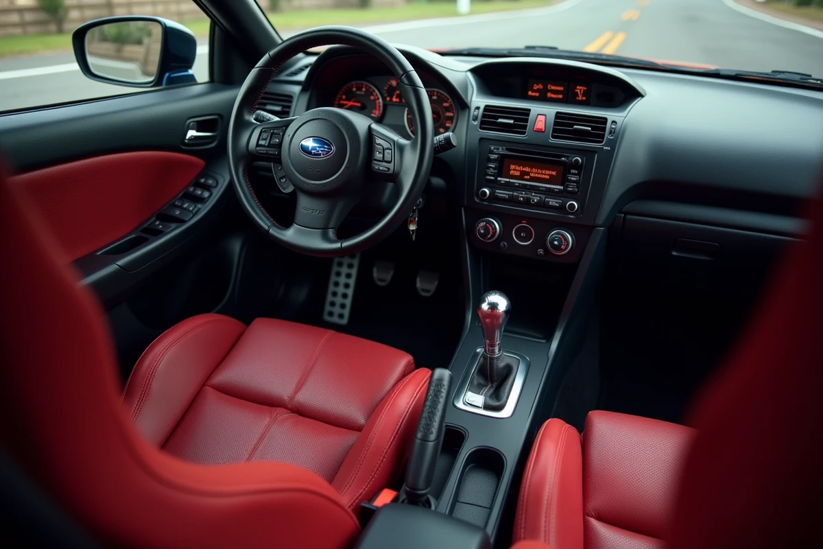 Intérieur sportif d'une Subaru WRX STI avec volant plat, sièges baquet Recaro rouges et manomètre de turbo, ambiance cockpit rallye routier