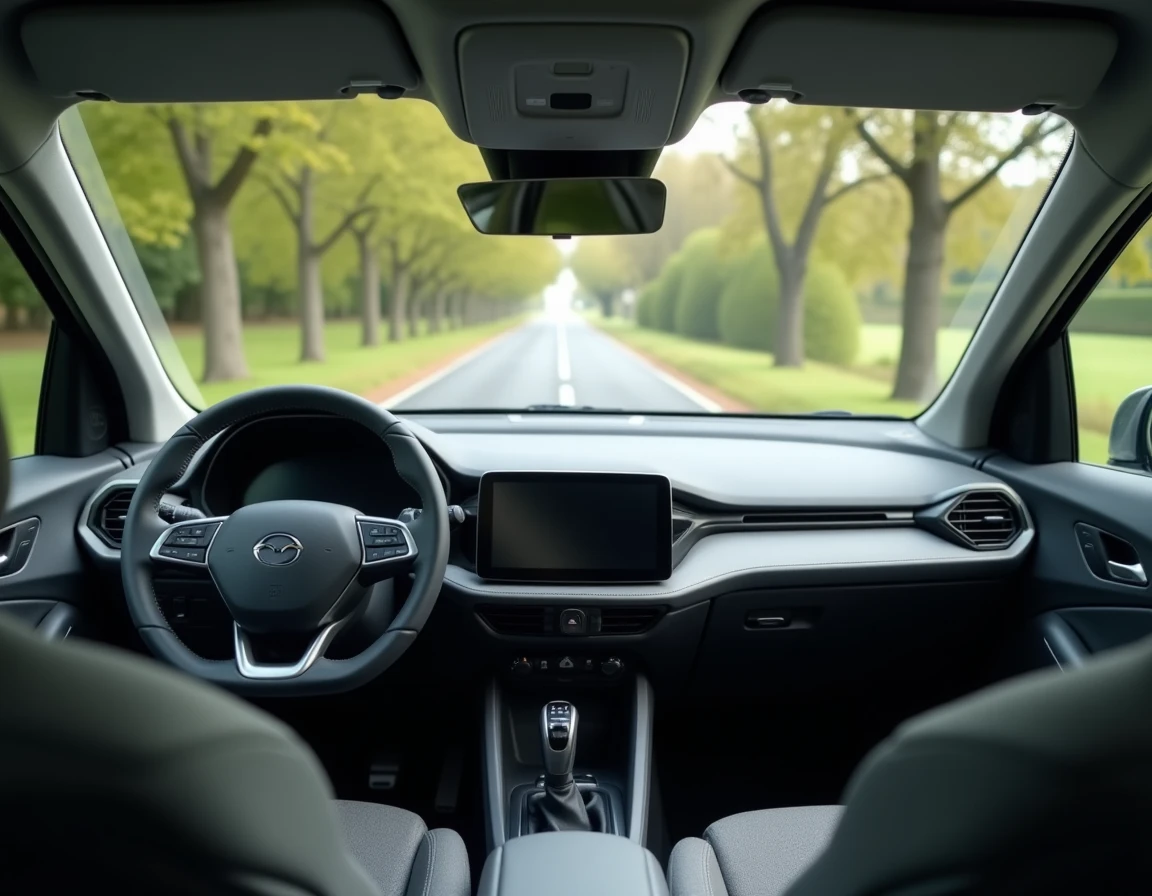 Intérieur cockpit d'une voiture sans permis moderne avec tableau de bord numérique et route de campagne française en arrière-plan