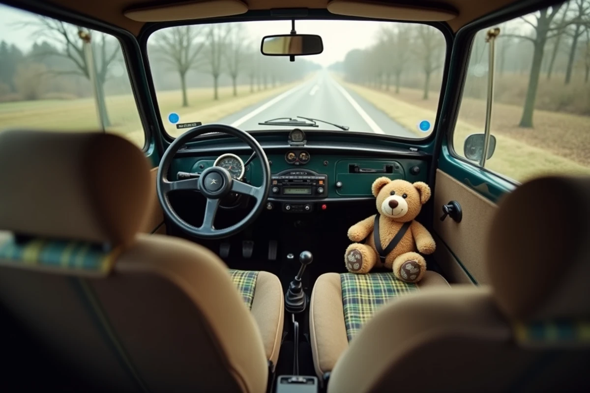 Intérieur authentique d'une Mini des années 1990 avec volant vintage, sièges tartan et ourson attaché côté passager à la manière de Mr Bean