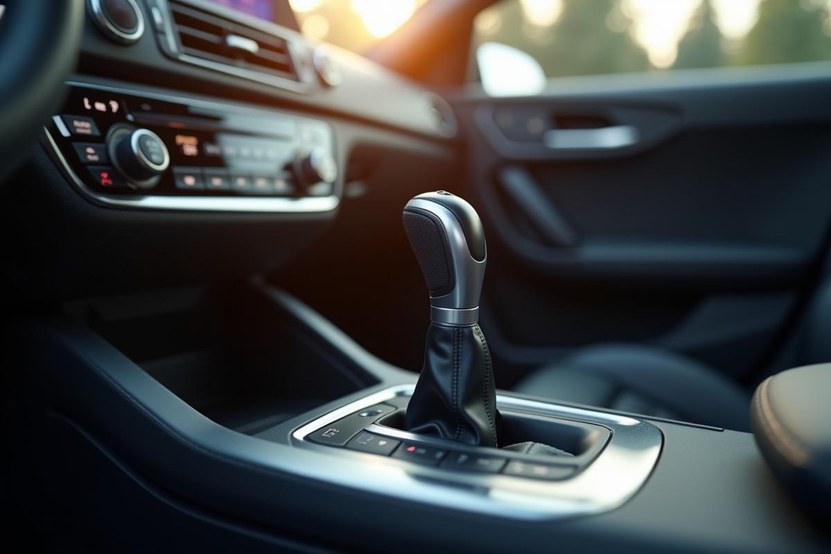 Intérieur moderne de voiture avec levier automatique brillant