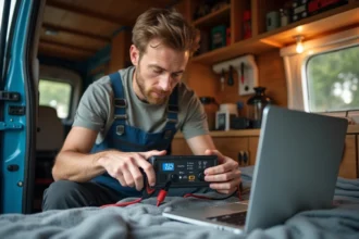 Homme vérifiant un inverseur 12V 220V dans un van aménagé