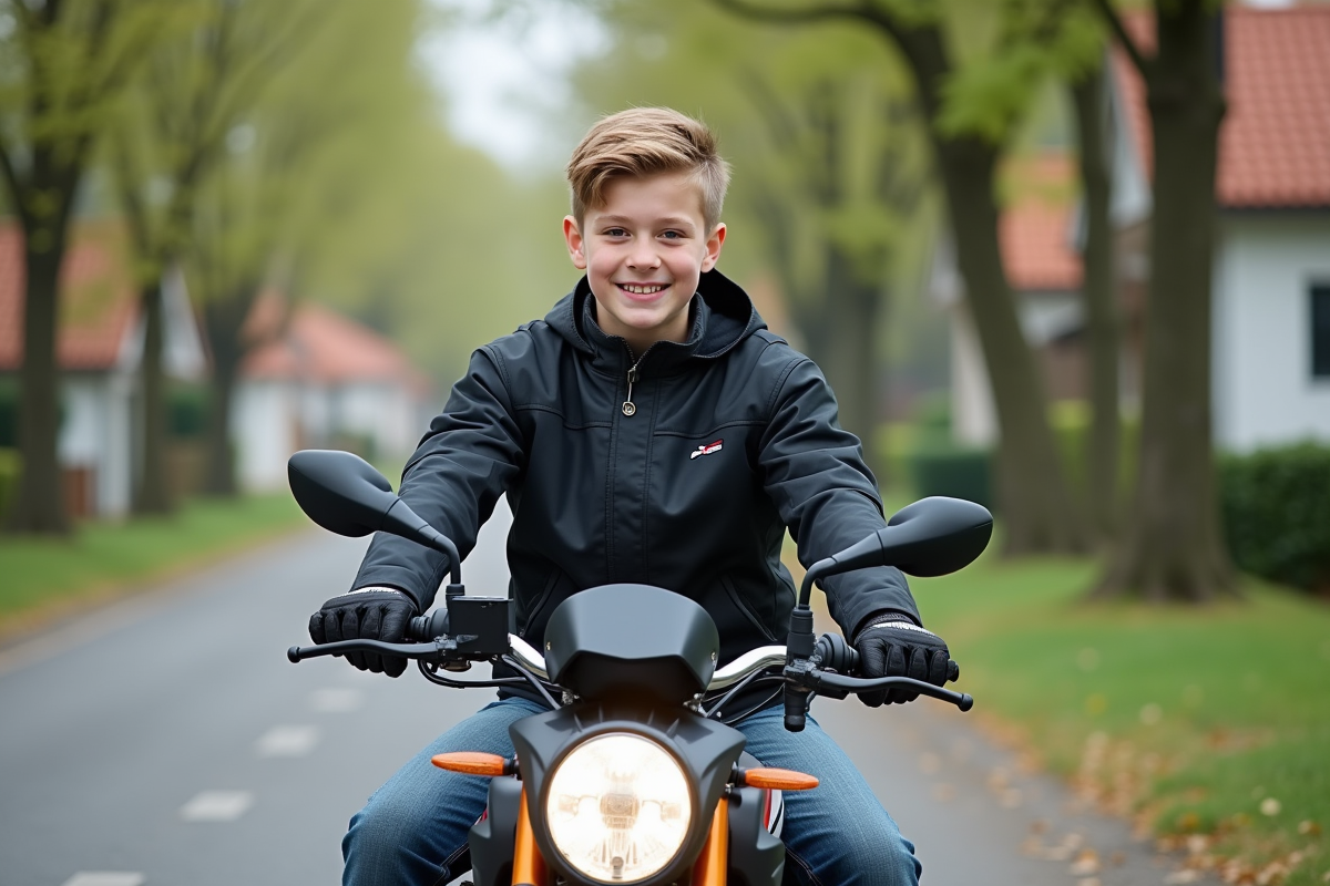 Jeune garçon souriant avec moto neuve sur rue résidentielle