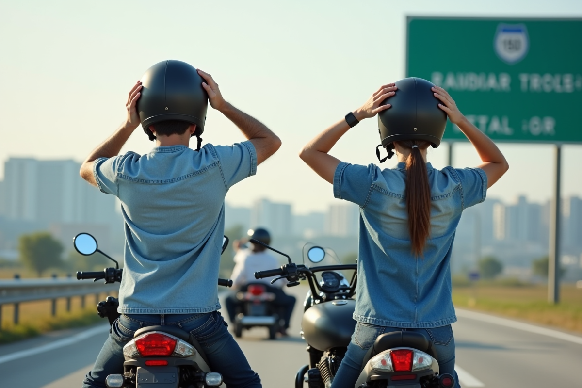 Jeune couple mettant leur casque avant de partir en moto